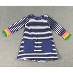 Mini Boden Girl Blue White Striped Dress Rainbow Cuffs Pockets 4–5Y Toddler Girl